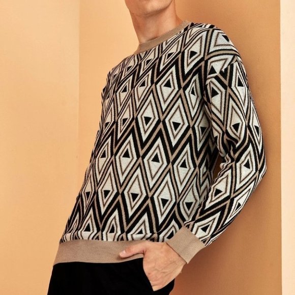 White Mens Geometric Print Sweater - Picture 3 of 5